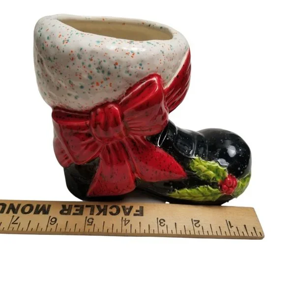 Ceramic Santa Claus Boot Black Christmas Vintage Holly Vase Planter Holiday Bow - Picture 13 of 14